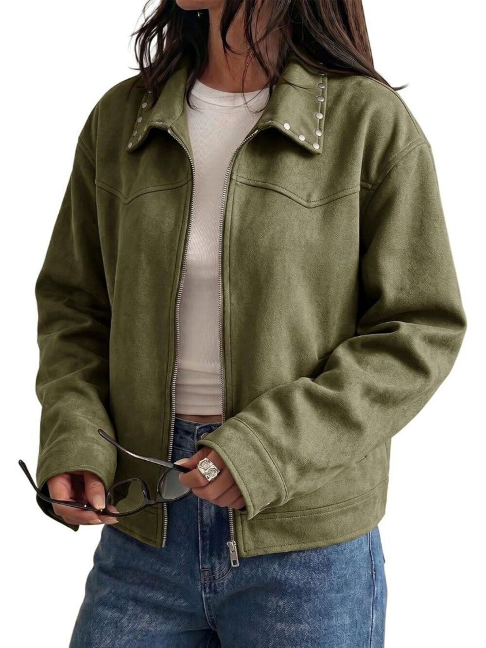 Women’s Green Long Sleeve Faux Suede Studded Zipper Fall Coat Cropped Jacket